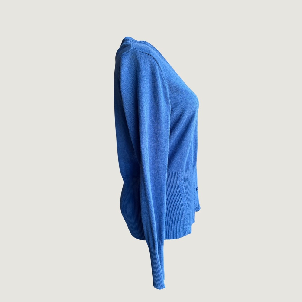 Joseph A Women M Blue V-Neck Button Front Ribbed Waist Pointelle Cardigan - Picture 2 of 11
